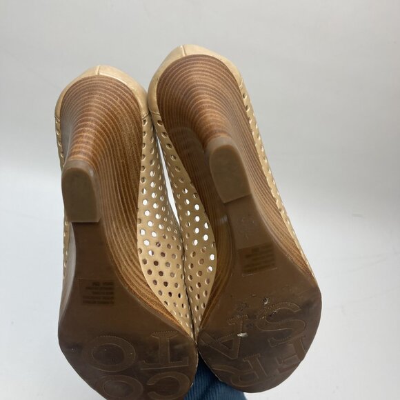 Franco Sarto Ginesa Tan Leather Peep Toe Heels Womens 8M Perforated Faux Leather - Picture 9 of 13